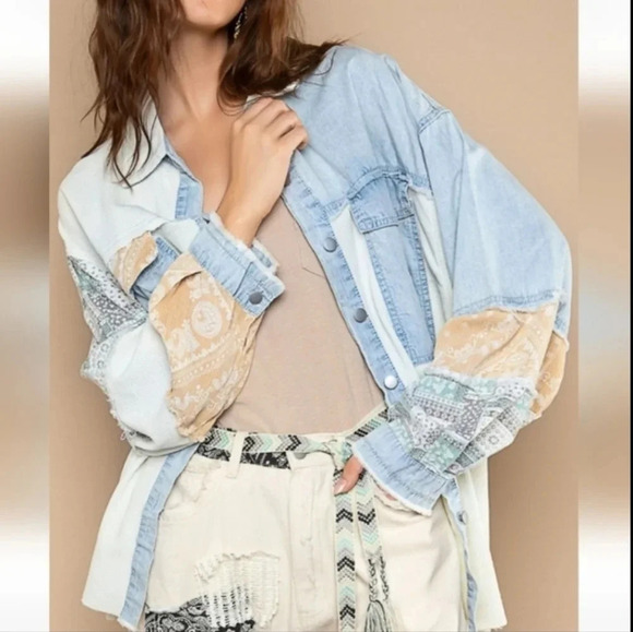 New! POL Oversized Contrast Denim Ivory Fabric Panels Button Down Shacket M - Picture 2 of 13